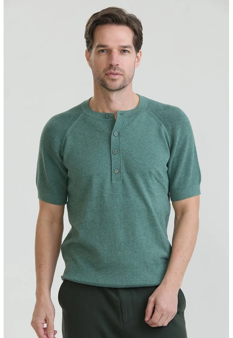 Tricou slim-fit cu guler henley, Verde persan
