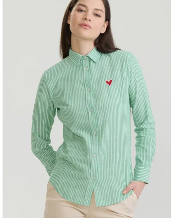 Camasa din amestec de bumbac si in cu dungi, Verde deschis