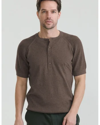 Tricou slim-fit cu guler henley, Maro pamantiu