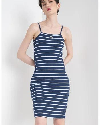 Rochie din amestec de bumbac organic, Alb/Albastru inchis