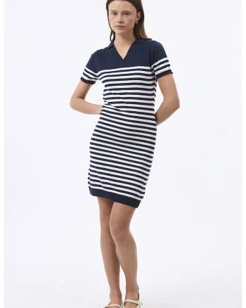 Rochie tricotata cu dungi, Alb/Albastru inchis