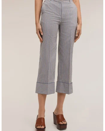 Pantaloni cu model in dungi si buzunare laterale, Alb/Albastru deschis
