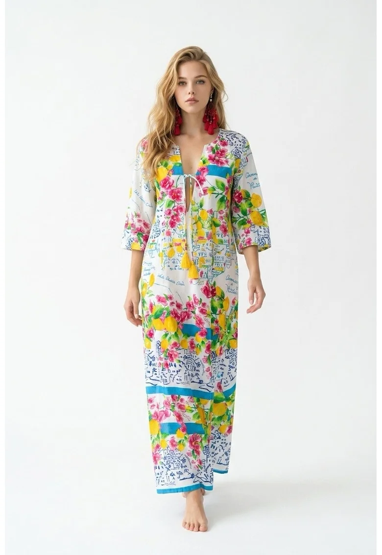 Rochie lunga de vara tip kaftan din bumbac cu imprimeu Amalfi, Alb/Galben/Turcoaz/Roz
