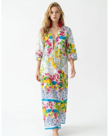 Rochie lunga de vara tip kaftan din bumbac cu imprimeu Amalfi, Alb/Galben/Turcoaz/Roz