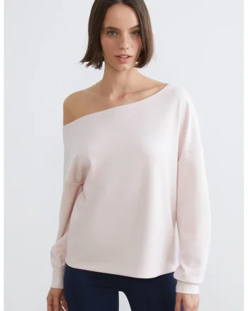 Bluza de trening lejera cu decolteu barcuta, Roz pastel