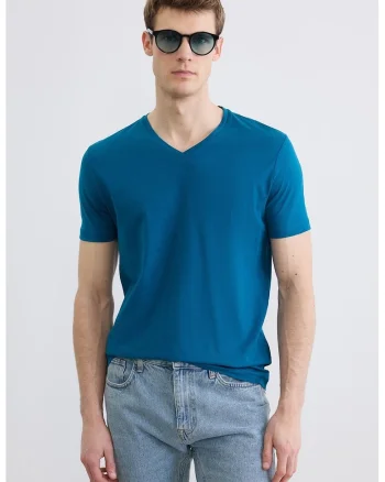 Tricou uni cu decolteu in V, Albastru petrol