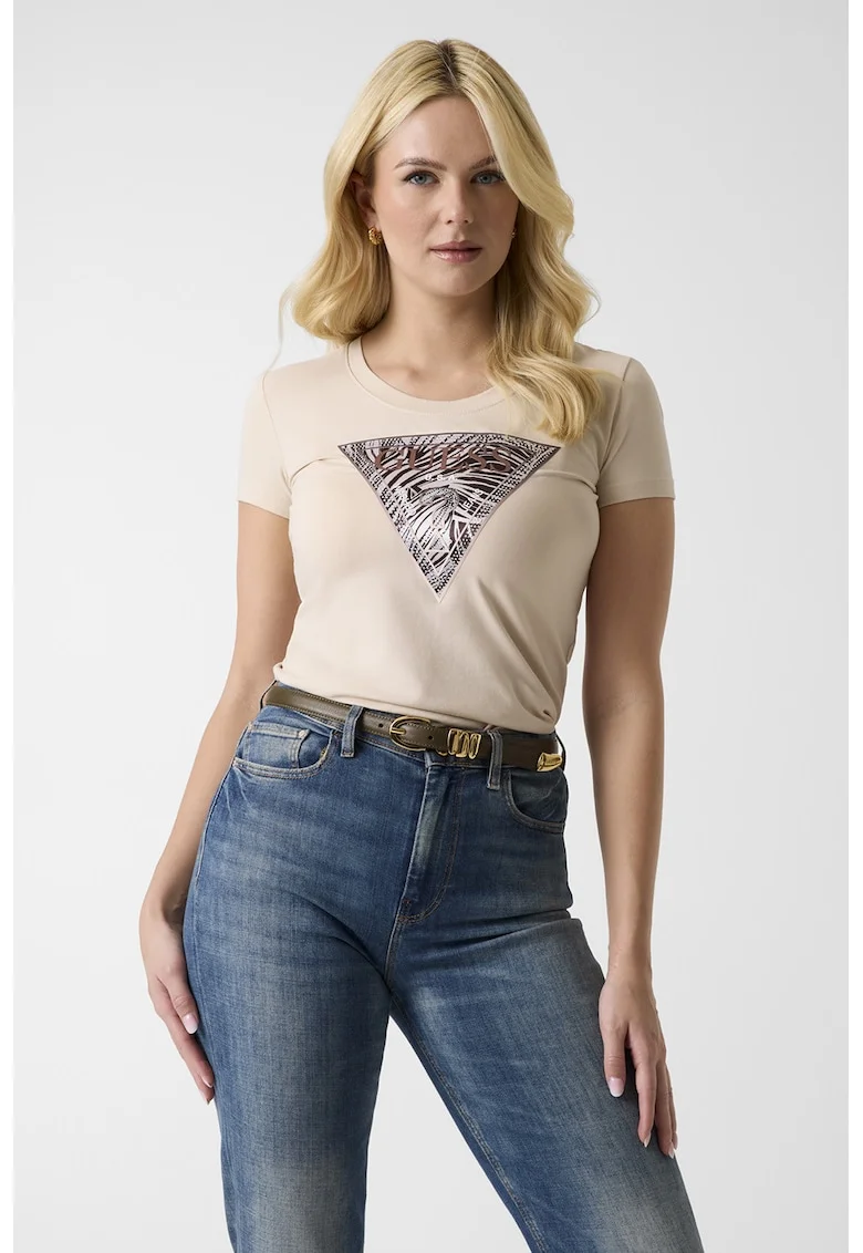 Tricou slim fit cu imprimeu logo si aplicatii de strasuri, Bej deschis