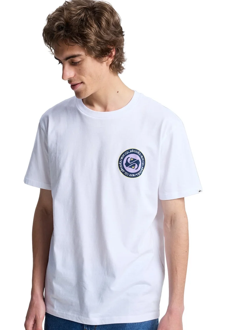 Tricou cu imprimeu si decolteu la baza gatului, Alb/Lila/Bleumarin