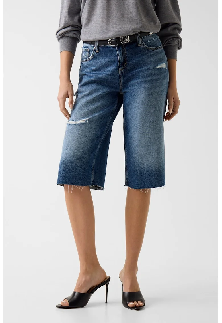 Bermude din denim cu detalii cu aspect deteriorat, Albastru melange