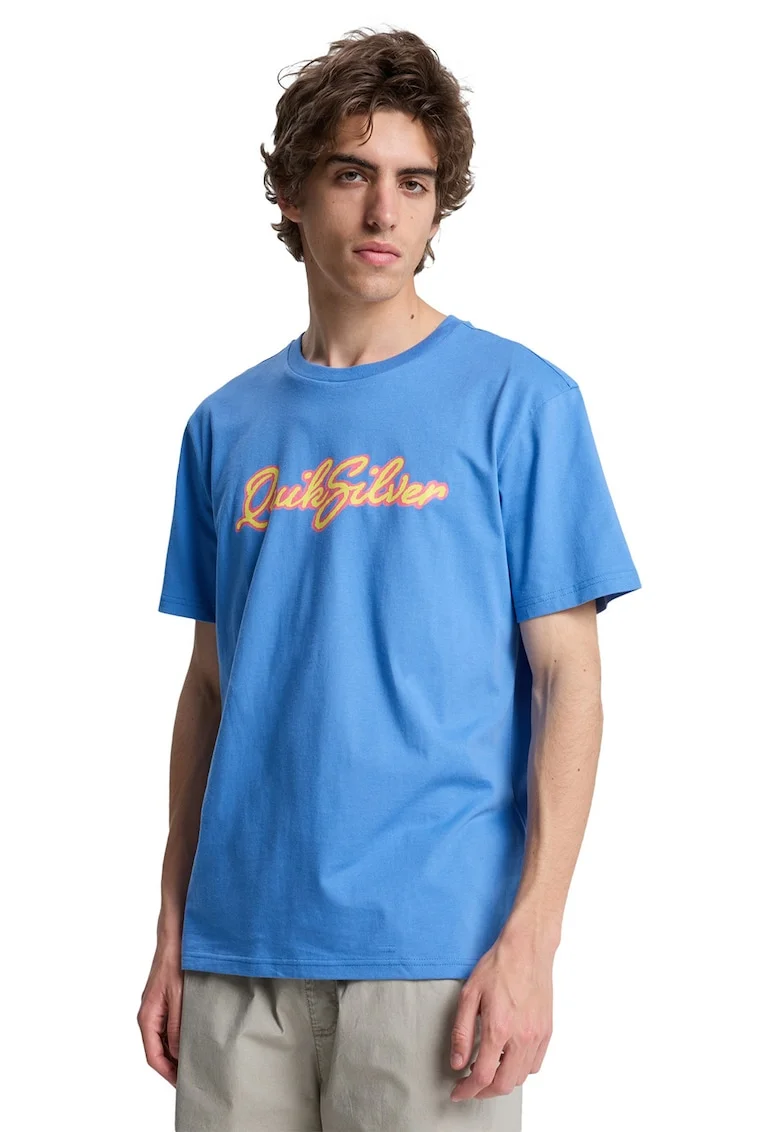 Tricou de bumbac cu imprimeu logo pe piept, Portocaliu/Albastru