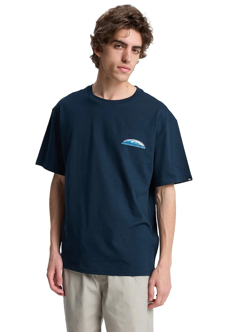 Tricou de bumbac cu decolteu la baza gatului, Alb/Bleumarin