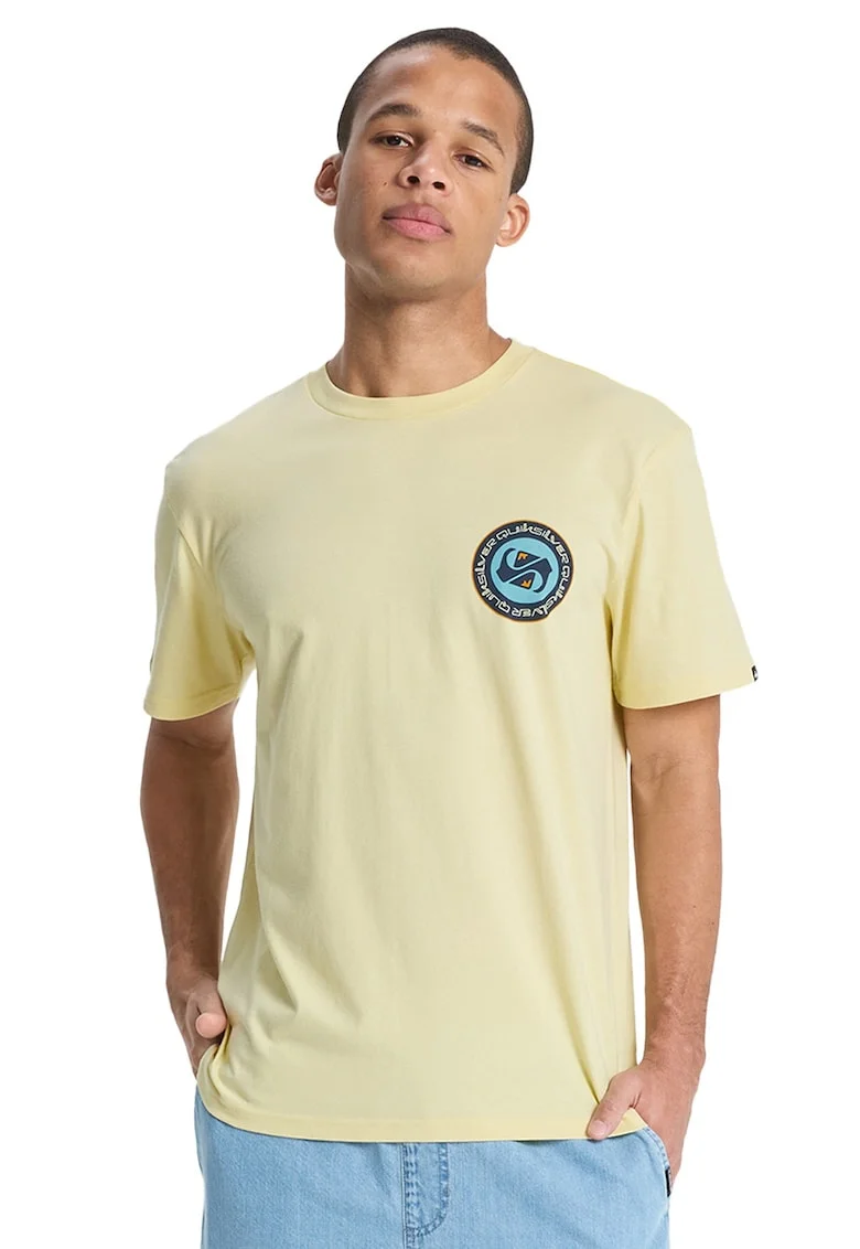 Tricou cu imprimeu si decolteu la baza gatului, Galben pai/Albastru