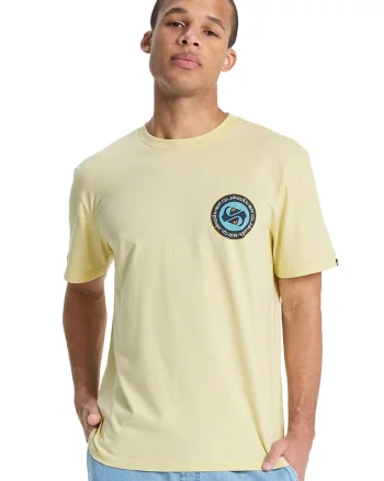 Tricou cu imprimeu si decolteu la baza gatului, Galben pai/Albastru