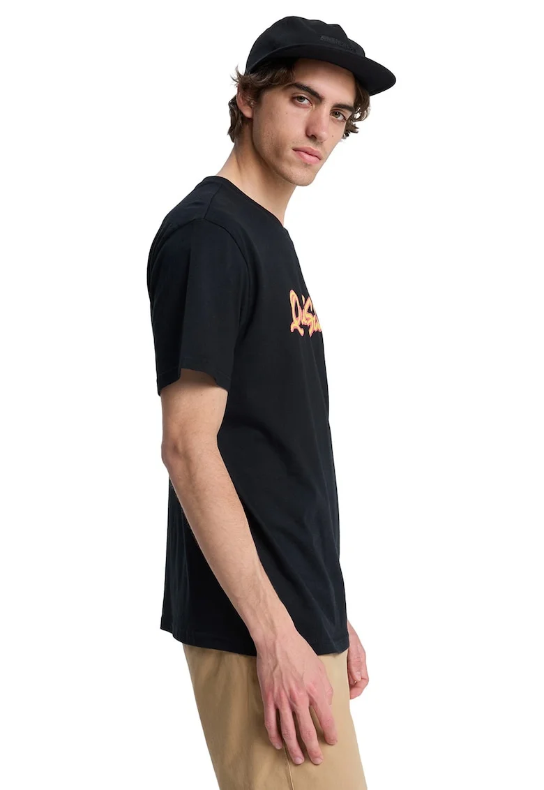 Tricou de bumbac cu imprimeu logo pe piept, Negru/Portocaliu