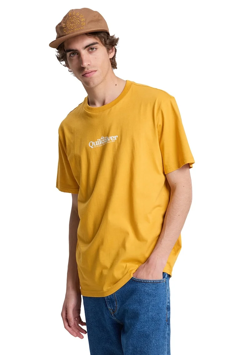 Tricou cu imprimeu logo si decolteu la baza gatului Fineline, Portocaliu