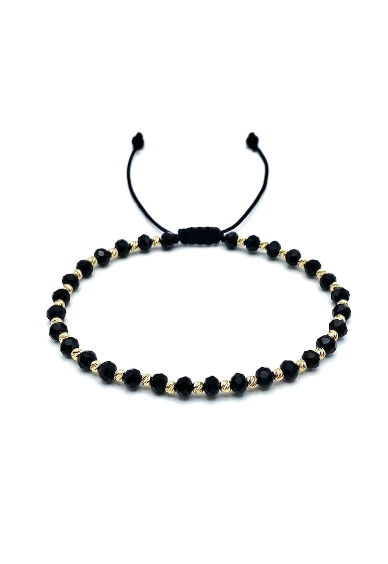 Bratara cu bile din AUR 14K si Cristale negre, snur reglabil