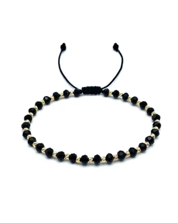 Bratara cu bile din AUR 14K si Cristale negre, snur reglabil
