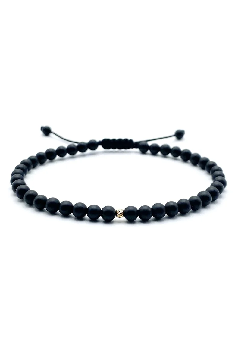 Bratara cu bila AUR 14K si pietre naturale semipretioase, snur reglabil, Negru mat