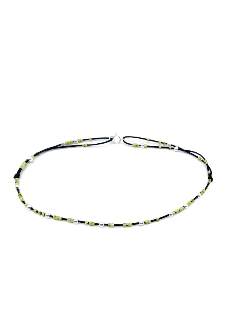 Bratara pentru Picior cu bilute din Argint 925 si margele colorate, snur reglabil, Verde kiwi