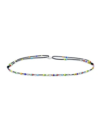 Bratara pentru Picior cu bilute din Argint 925 si margele colorate, snur reglabil, Multicolor