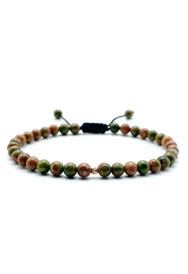 Bratara cu bila AUR 14K si pietre naturale semipretioase, reglabila, Verde/Maro