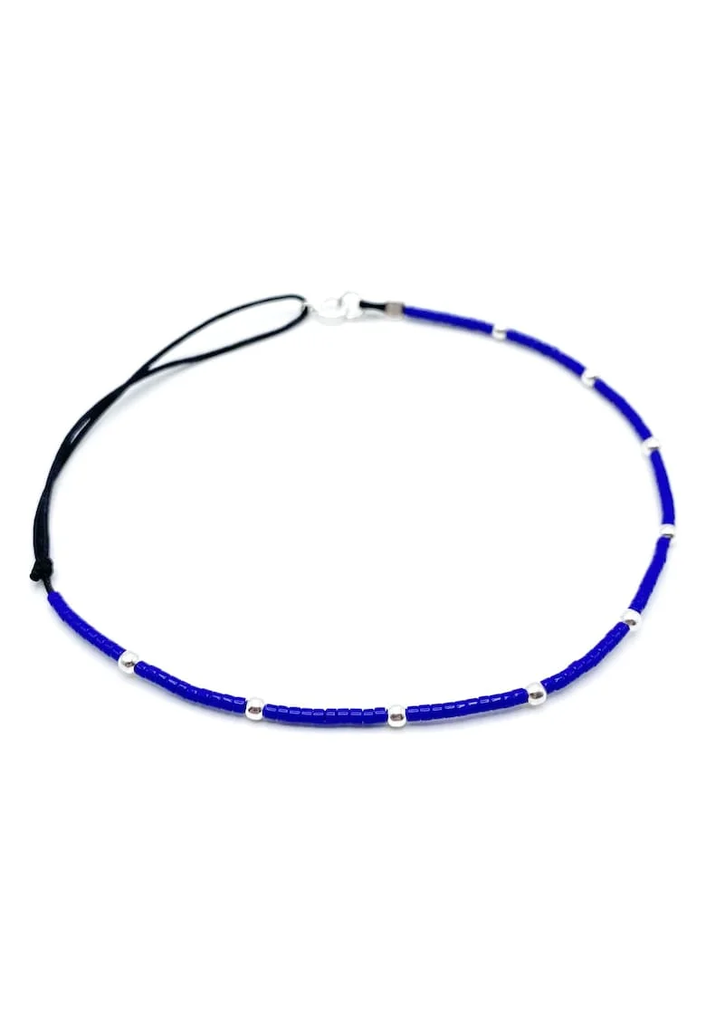 Bratara pentru Picior cu bilute din Argint 925 si margele Miyuki colorate, reglabila 23-30 CM, Albastru inchis