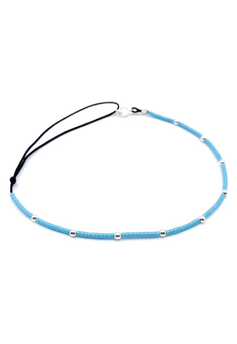 Bratara pentru Picior cu bilute din Argint 925 si margele Miyuki colorate, reglabila 23-30 CM, Albastru deschis