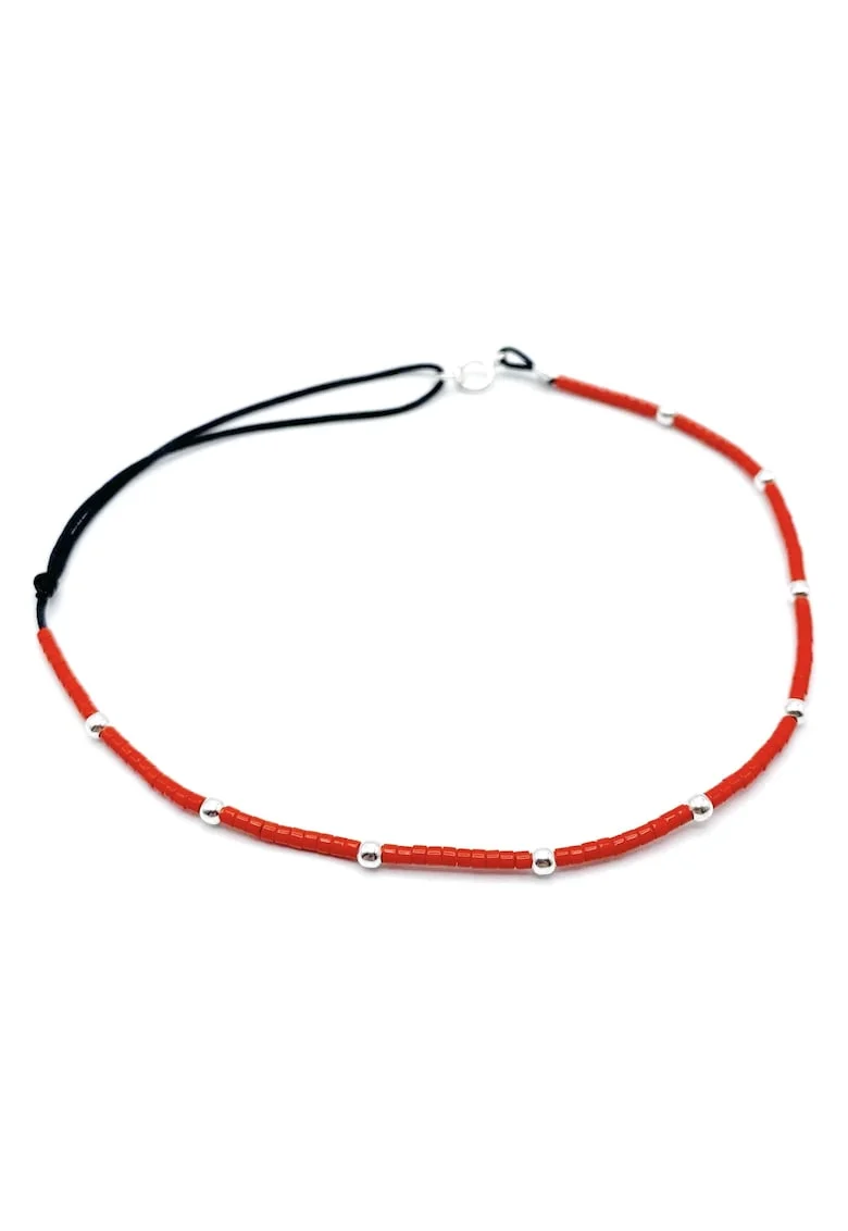 Bratara pentru Picior cu bilute din Argint 925 si margele Miyuki colorate, reglabila 23-30 CM, Rosu