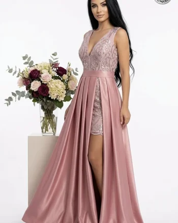 Rochie de seara lunga din tafta roz prafuit cu broderie si slit pe picior