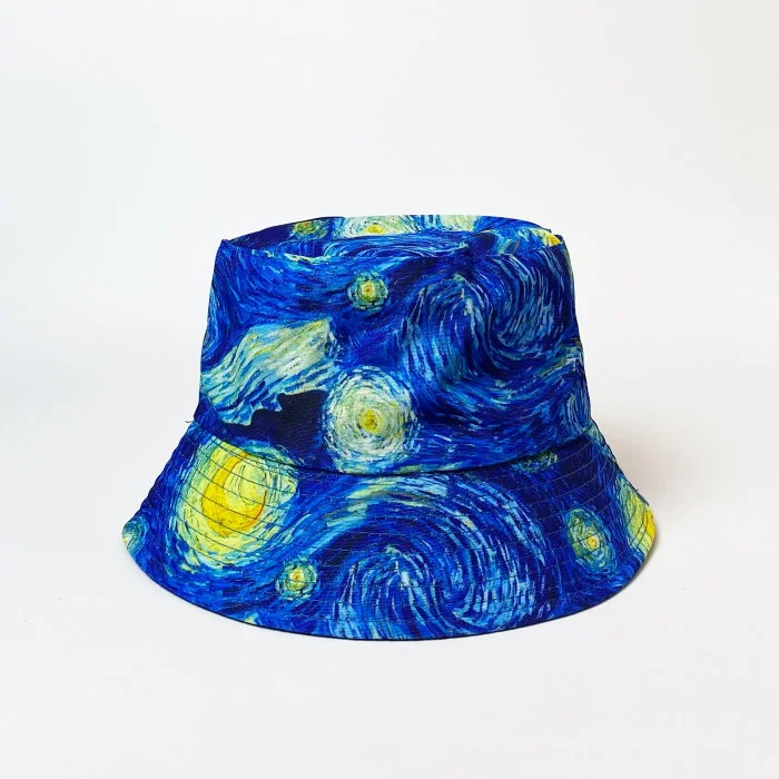 Palarie tip bucket unisex cu doua fete cu reproducere dupa pictura celebra   Noapte Instelata   a lui Van Gogh