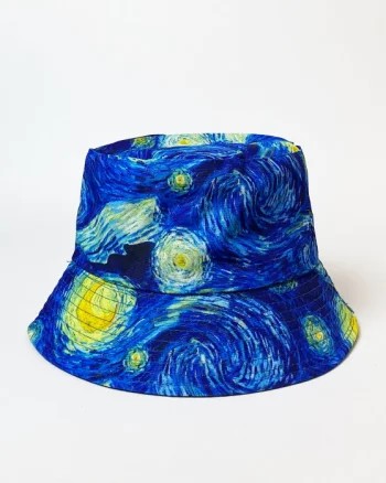 Palarie tip bucket unisex cu doua fete cu reproducere dupa pictura celebra   Noapte Instelata   a lui Van Gogh