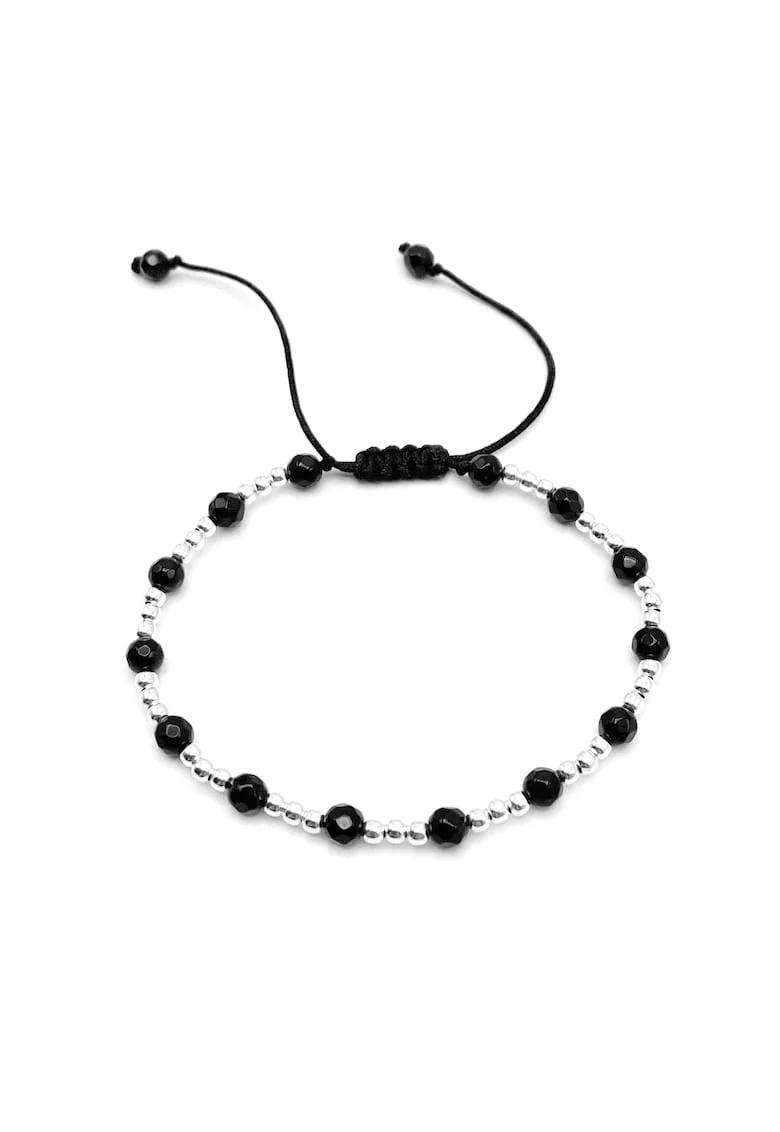 Bratara cu bile din Argint 925 si pietre naturale ONIX, snur reglabil, unisex