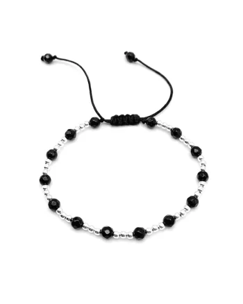 Bratara cu bile din Argint 925 si pietre naturale ONIX, snur reglabil, unisex