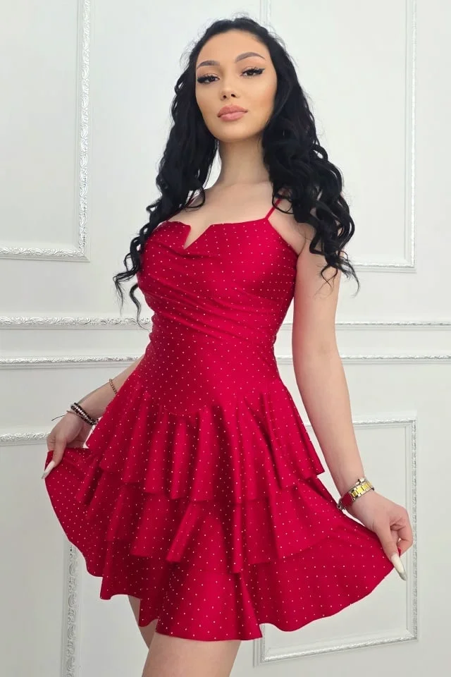 Rochie scurta de ocazie, VALORIA, cu volane si bretelute, Rosu, Marime S/M