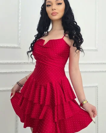 Rochie scurta de ocazie, VALORIA, cu volane si bretelute, Rosu, Marime S/M