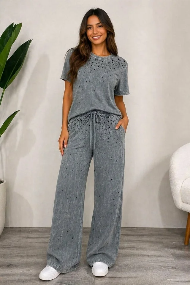 Compleu catifelat casual Amelye, cu pantaloni si tricou lejer, Gri