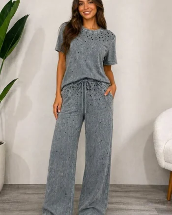 Compleu catifelat casual Amelye, cu pantaloni si tricou lejer, Gri