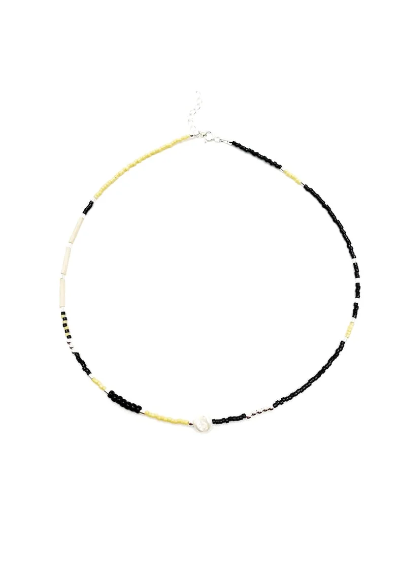 Colier cu Perla naturala, elemente din Argint 925 si margele Miyuki, Negru/Bej