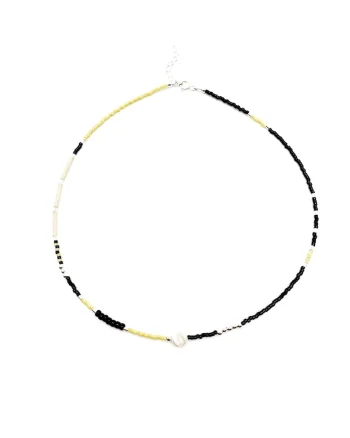 Colier cu Perla naturala, elemente din Argint 925 si margele Miyuki, Negru/Bej