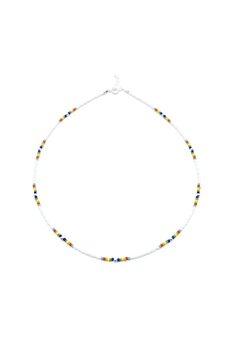Colier cu bile din Argint 925 si margele Miyuki, reglabil, Alb/Multicolor