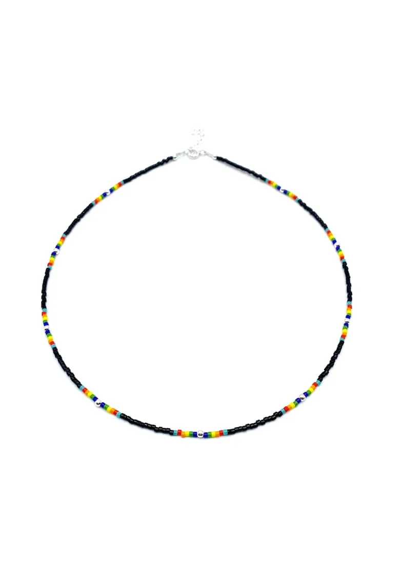Colier cu bile din Argint 925 si margele Miyuki, reglabil, Negru/Multicolor