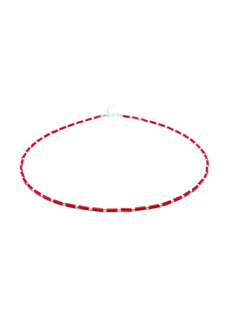Colier cu accesorii tubulare, Argint 925 si margele colorate, Rosu