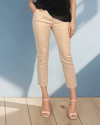 Pantaloni conici din bumbac cu șnur în talie crem - 31