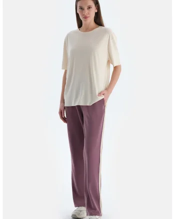 Pantaloni cu snur si talie medie, Violet prafuit/Crem