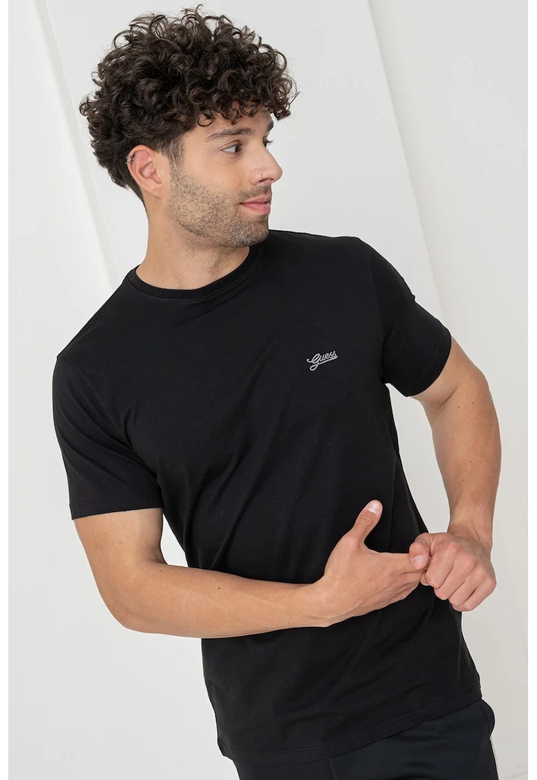 Tricou slim fit cu decolteu la baza gatului, Negru