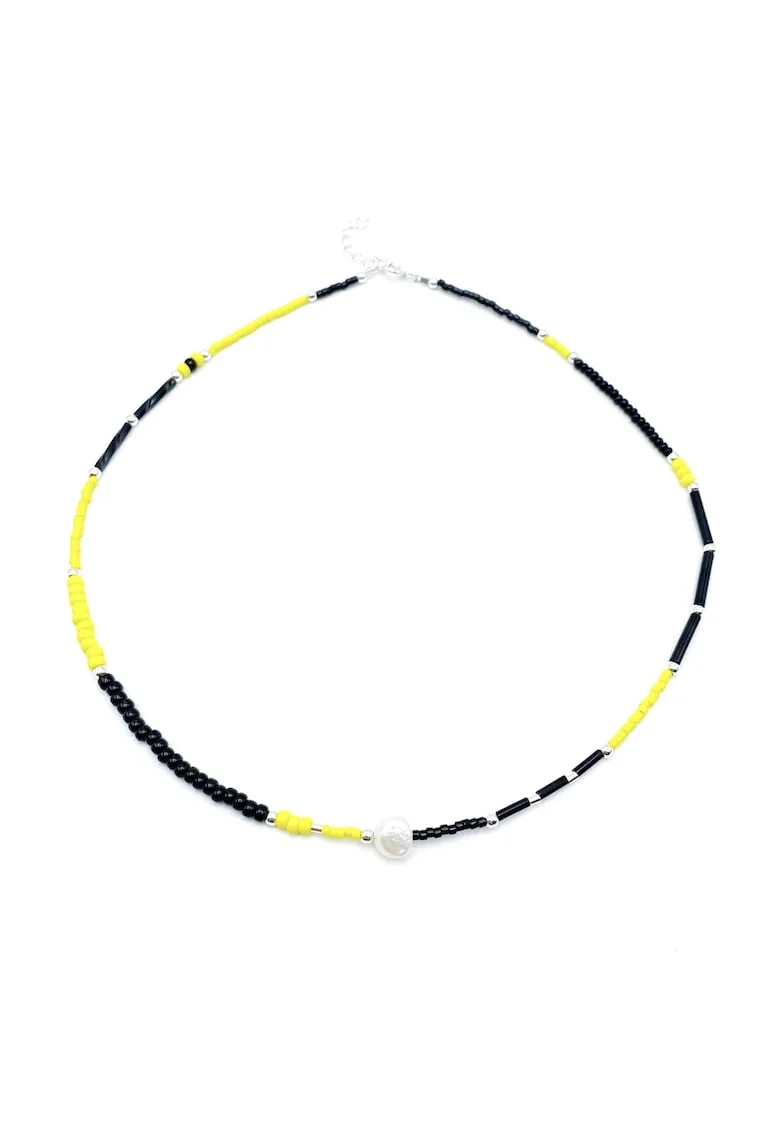 Colier cu Perla naturala, elemente din Argint 925 si margele Miyuki, Negru/Galben