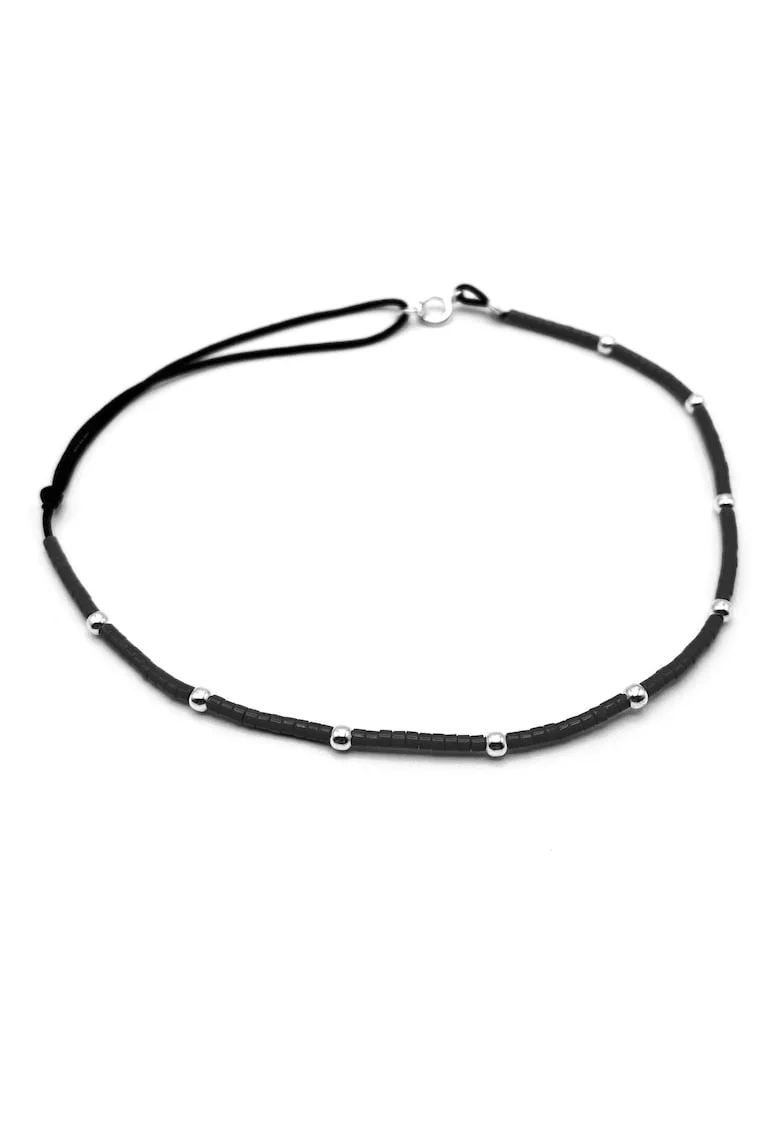 Bratara pentru Picior cu bilute din Argint 925 si margele Miyuki colorate, reglabila 23-30 CM, Negru