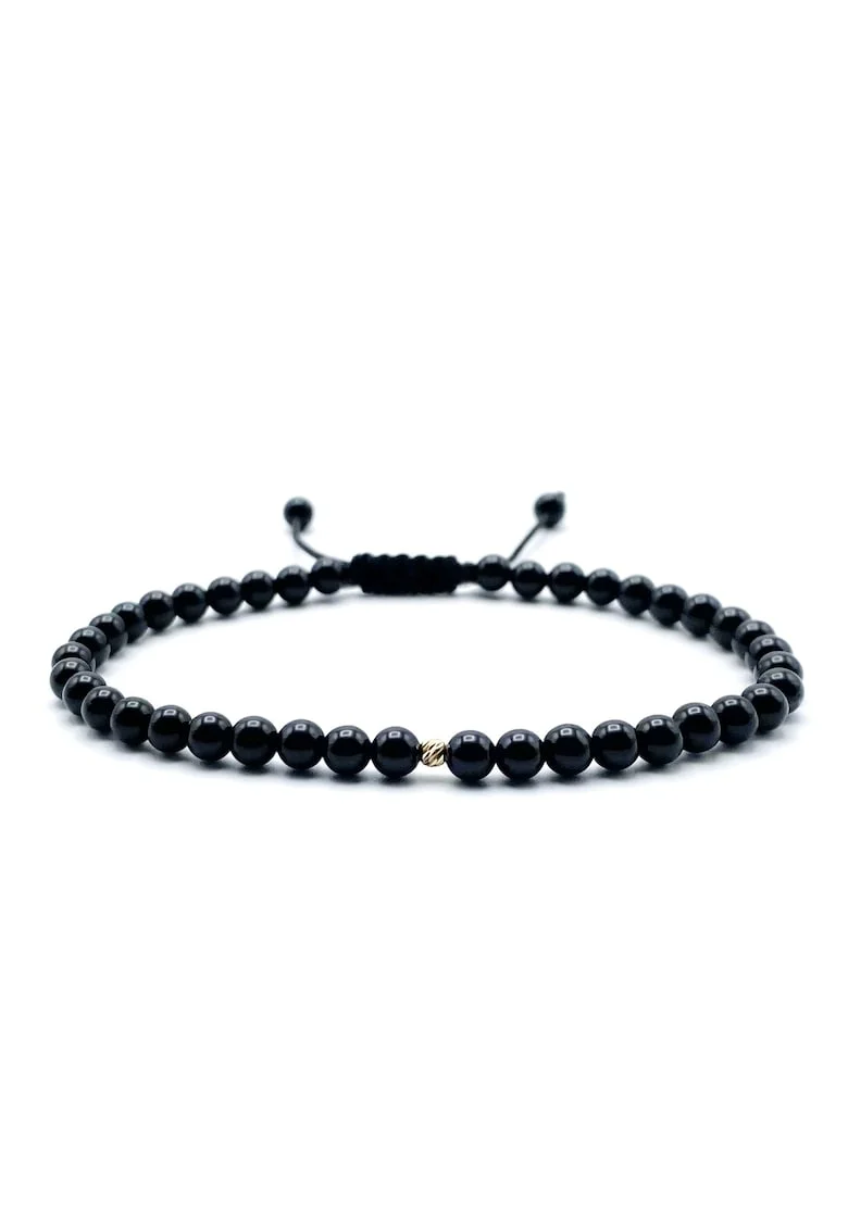 Bratara cu bila AUR 14K si pietre naturale semipretioase, snur reglabil, Negru lucios