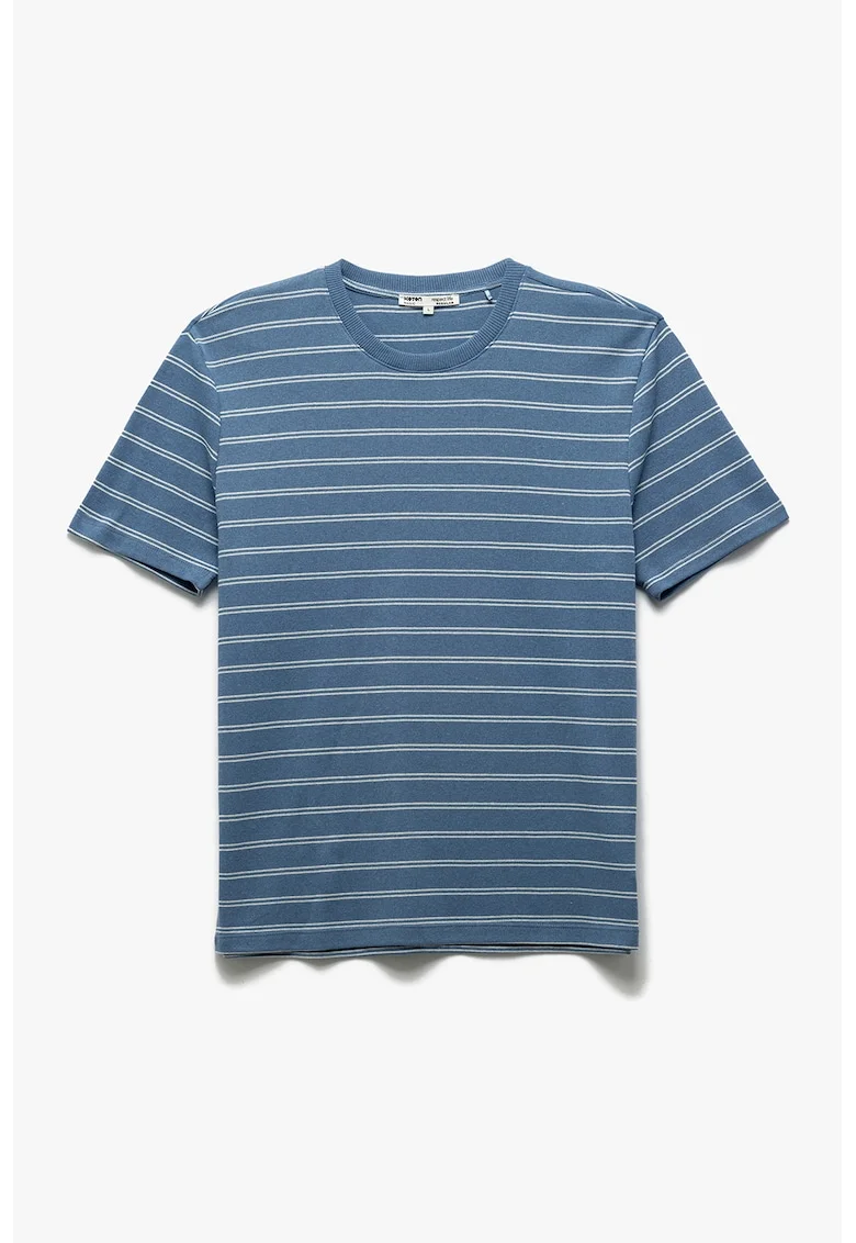 Tricou cu decolteu la baza gatului si model in dungi, Alb/Albastru prafuit