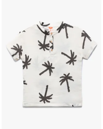 Tricou cu imprimeu si fenta cu nasturi, Maro inchis/Alb murdar